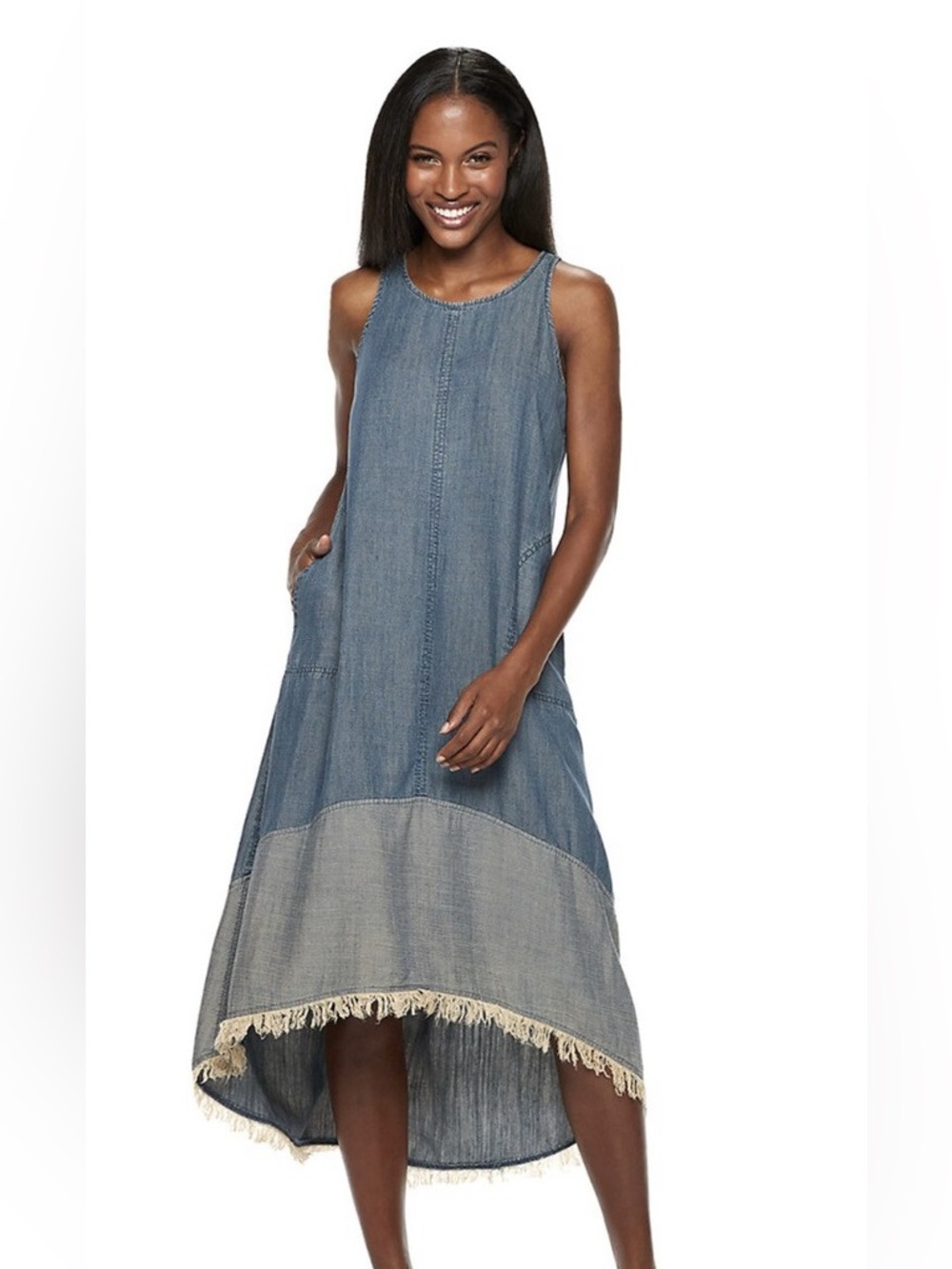 Denim Sleeveless Chambray Midi Dress in Blue